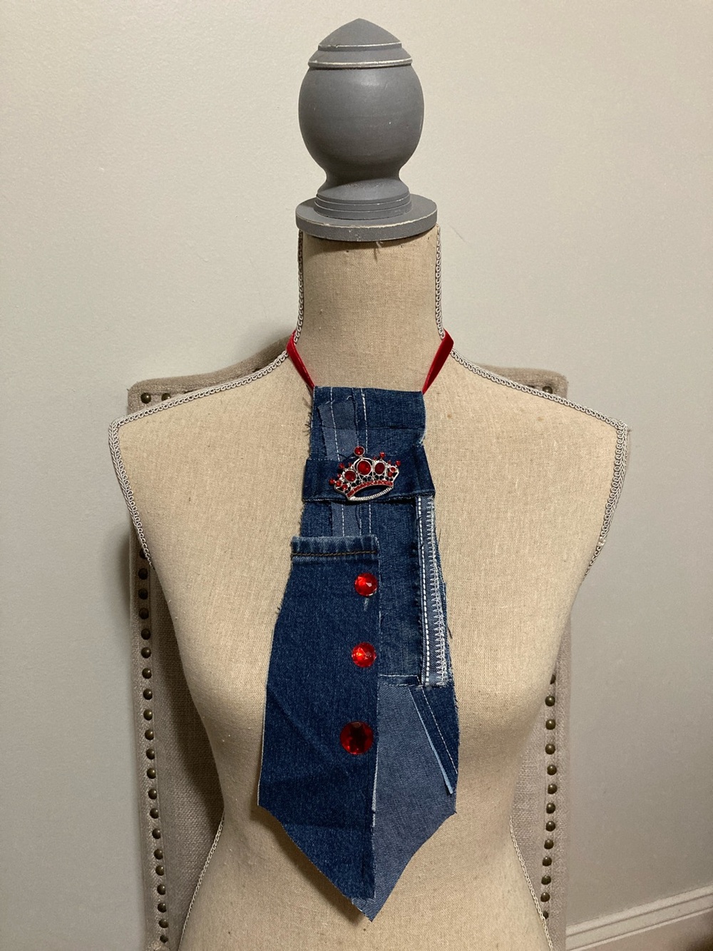 Handcrafted Denim tie with Red Accents